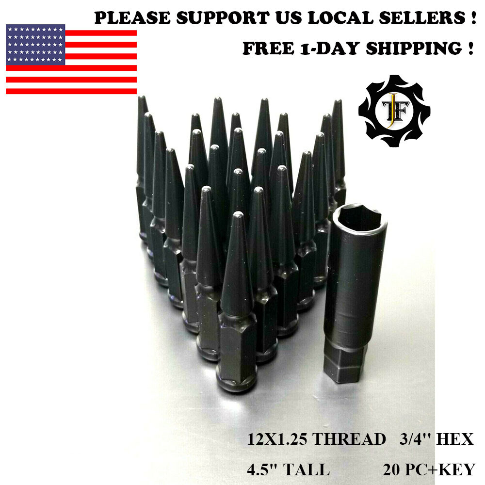 20-Piece Chrome M12x1.25 Spline Spike Lug Nuts + Key For Nissan, Infiniti - 4.5" Tall, Cone Seat, SCM Steel