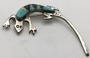 Navajo Melissa Yazzie Handarbeit Sterlingsilber Türkis Opal Inlay Eidechsen Pin - Bild 1 von 9