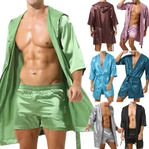 Accappatoio kimono uomo raso classico setoso aperto davanti con cappuccio loungewear - Foto 1 di 31