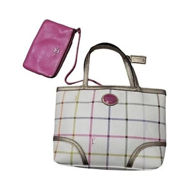 EUC COACH Peyton Small Tattersall Plaid Tote F48586 Coated Canvas w/ wallet set - Image 1 of 4