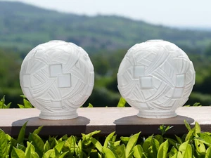 PAIR GENUINE FRENCH ART DECO FROSTED GEOMETRIC MULLER FRERES? GLASS GLOBE SHADES - Picture 1 of 7