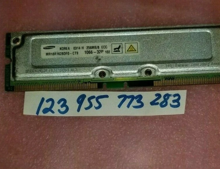 256MB 1066-32P  RAMBUS RDRAM RIMM 184PIN ECC NON-REG SINGLE RANK CHANNEL 32X8  - Image 1 of 1