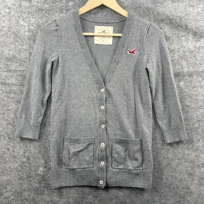 Hollister Cardigan Sweater Womens S Gray Button Up V Neck 3/4 Sleeve Y2K VTG - Image 1 of 4