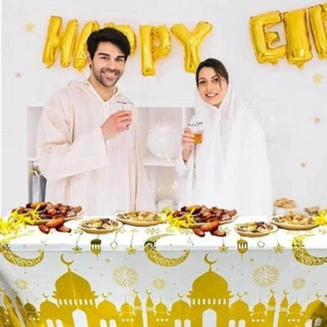 Manteles desechables Eid Mubarak impermeables manteles suministros de fiesta - Imagen 1 de 14
