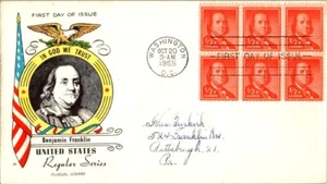 1955 - Benjamin Franklin 1/2 cent block of 6 - Fluegel Cachet - Scott 1073 - FDC - Picture 1 of 1