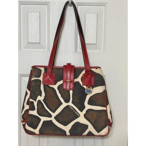 Dooney & Bourke Beuteltasche Giraffenmuster Lederbesatz rote Riemen Entenlogo - Bild 1 von 8