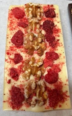 White Chocolate Bar with fruit nuts Sweet taste topped Walnuts Raspberry  100g . - Image 1 of 4
