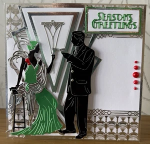 Tarjeta de Navidad hecha a mano con temática de pareja Art Deco de 6"x6" - verde y plata - Imagen 1 de 4