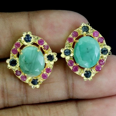 925 Orecchini Argento Sterling Ovale Smeraldo 12x10mm Rubino Zaffiro Gemma Gioie - Immagine 1 di 4