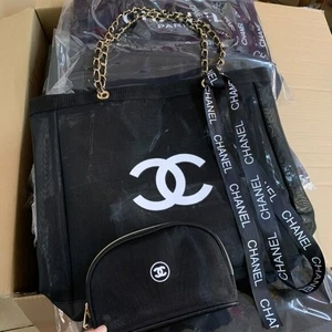 CHANEL Beauty Mesh Tote Bag&Makeup Pouch Set of 2 GWP Gift w/ Gold Hardware NEW - Picture 1 of 14