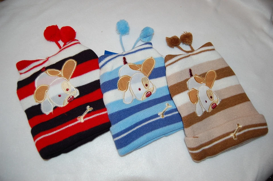 PUPPY DOG Red Blue Tan STRIPED Lot of 3 KNIT STOCKING HATS Toddler Boys - Image 1 of 1