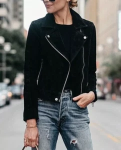 Black Leather Jacket Women Brown Motorcycle Suede Size M - Picture 1 of 6