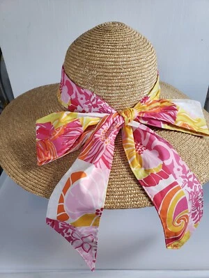 De colección Lilly Pulitzer Paja Ala Ancha Sombrero Rosa Retazos Algodón Bufanda Arco S/M Foto 1 de 4