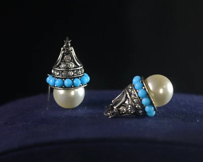 Ohrringe Schläfer Silber False Perle Weiß Türkis ET9 - Bild 1 von 4
