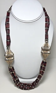 Ethnic Wood Metal Chunky Necklace Large Silver Beaded Purple Boho VTG 24" Long - Picture 1 of 9