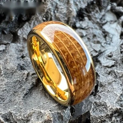 8MM Cool Whisky Barrel Wood Tungsten Carbide Ring Band Dome Polished Ring Band - Image 1 of 4