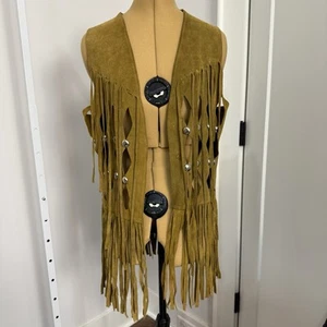 Vintage Suede Fringe Studded Vest Hippie Western 60's-70's Mustard Handmade S/M - Picture 1 of 6