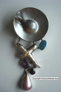 925 Silver Gemstone Huge 4 inch Mabe Pearl Ocean Cultured Sterling Pendant FJ065 - Picture 1 of 4