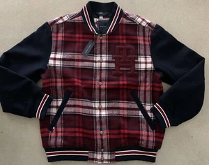 TOMMY HILFIGER Men's Tartan Varsity Bomber Jacket Size Large Red Blue Deep $299 - Picture 1 of 5