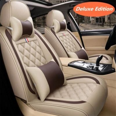Beige Luxury PU Leather Car Seat Covers Full Surrounded Seat Cushions w/ Pillows - Image 1 of 4