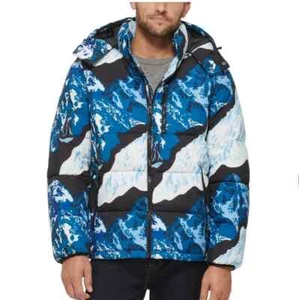 Club Room Mens Stretch Hooded Water-Resistant Ski-Print Puffer Jacket Blue, S - Picture 1 of 5
