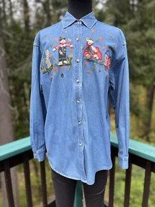 Vintage Denim Embroidered Western Autumn Scarecrow Button Up Shirt Womens Lrg - Picture 1 of 10