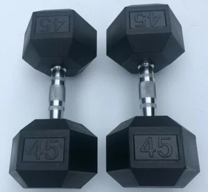 BRAND NEW 45LB PAIR OF RUBBER COATED HEX DUMBBELLS WEIGHTS FOR COMMERCIAL GYM - Picture 1 of 1
