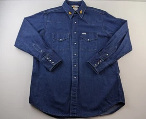 VTG Carhartt Denim Work Shirt Western Pearl Snap Men L Blue Custom Teddy Bear U - Picture 1 of 8