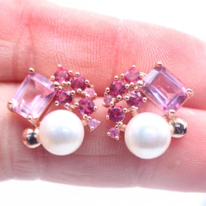 Gemstone 8 mm. White Pearl, Topaz & Ruby Earrings 925 Sterling Silver - Picture 1 of 4