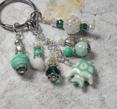 Fish Beach Theme Crystal Glass Beaded Handmade Keychain Split Key Ring Green - Image 1 of 4