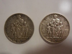 coppia di monete da 5 lire 1936 e 1937 Fecondità famiglia in argento - Picture 1 of 2