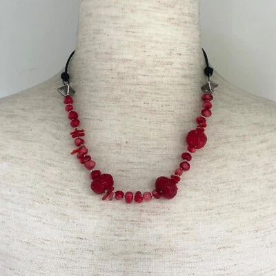 Collar firmado peyote pájaro plata esterlina 925 cuentas rojo coral 17"-19" Foto 1 de 4