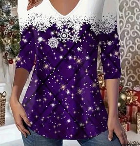 Women's Christmas Pullover V-Neck Loose Fit Holiday Fashion Christmas Top XL - Picture 1 of 7