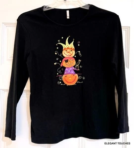 Womens Halloween Pumpkins Top S M Black White Stag Knit LS T-Shirt Jingle Bells - Picture 1 of 8