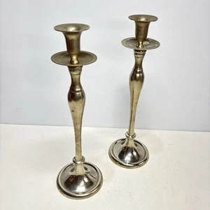 Candlesticks 14" Pair Repro Antique Baluster Shaft Silver Tone Std Table Candle - Picture 1 of 13