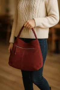 Neu echt Wildleder burgunderrot Peitschenstich Hobo Schultertasche kurzer Griff breiter Boden - Bild 1 von 9
