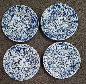 S/4 The Golden Rabbit RIMMED SALAD SOUP BOWLS Enamelware Blue Swirl Splatter 8" - Picture 1 of 4