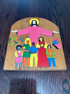 Wandrelief El Salvador handbemalt Jesus mit Kindern, christlich religiös Ar - Bild 1 von 5