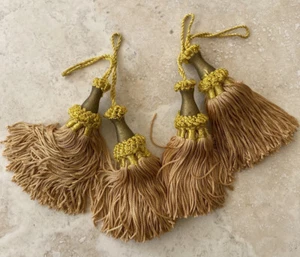 SET OF FOUR - 4” Gold / Peach Key Tassels W/ Wood Sewing Trim Tiebacks - Picture 1 of 5
