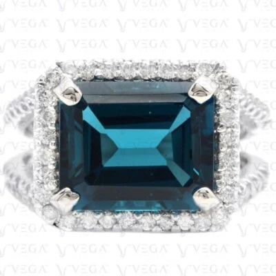 6.30carat Emerald Cut Natural Topaz Gemstones Diamond Ring 18K White Gold Plated - Image 1 of 4