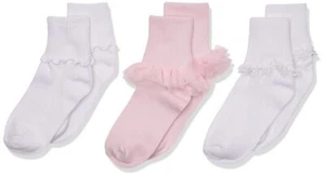 Big Ruffle/Ripple Edge/lace Girls Socks 3 Pack Pink/White Small 2188-A - Picture 1 of 4