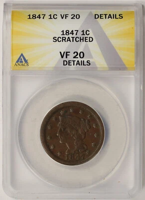 1847 Braided Hair Large Cent 1C VF 20 Details ANACS - Image 1 of 4