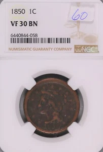 1850 Braided Hair Large Cent NGC VF-30 BN #4-058 - Picture 1 of 2