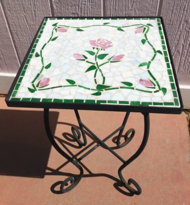 Vintage Wrought Iron Mosaic Floral Tile Top Planter Stand Table Cottage Chic 23" - Image 1 of 4