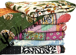 Kanth Vintage Kantha Quilt - Handmade Reversible Cotton Blanket with Assorted Pa - Picture 1 of 12