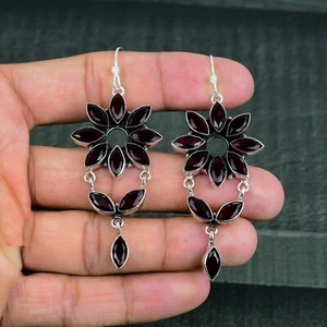 Pendientes de plata de ley 925 hechos a mano con piedras preciosas granate rojo joyería - Imagen 1 de 4