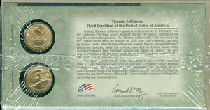 2007-D/P THOMAS JEFFERSON JUEGO DE 2 MONEDAS $1 ACUÑADO EN EL PRIMER DÍA DE ACUÑACIÓN - Imagen 1 de 1