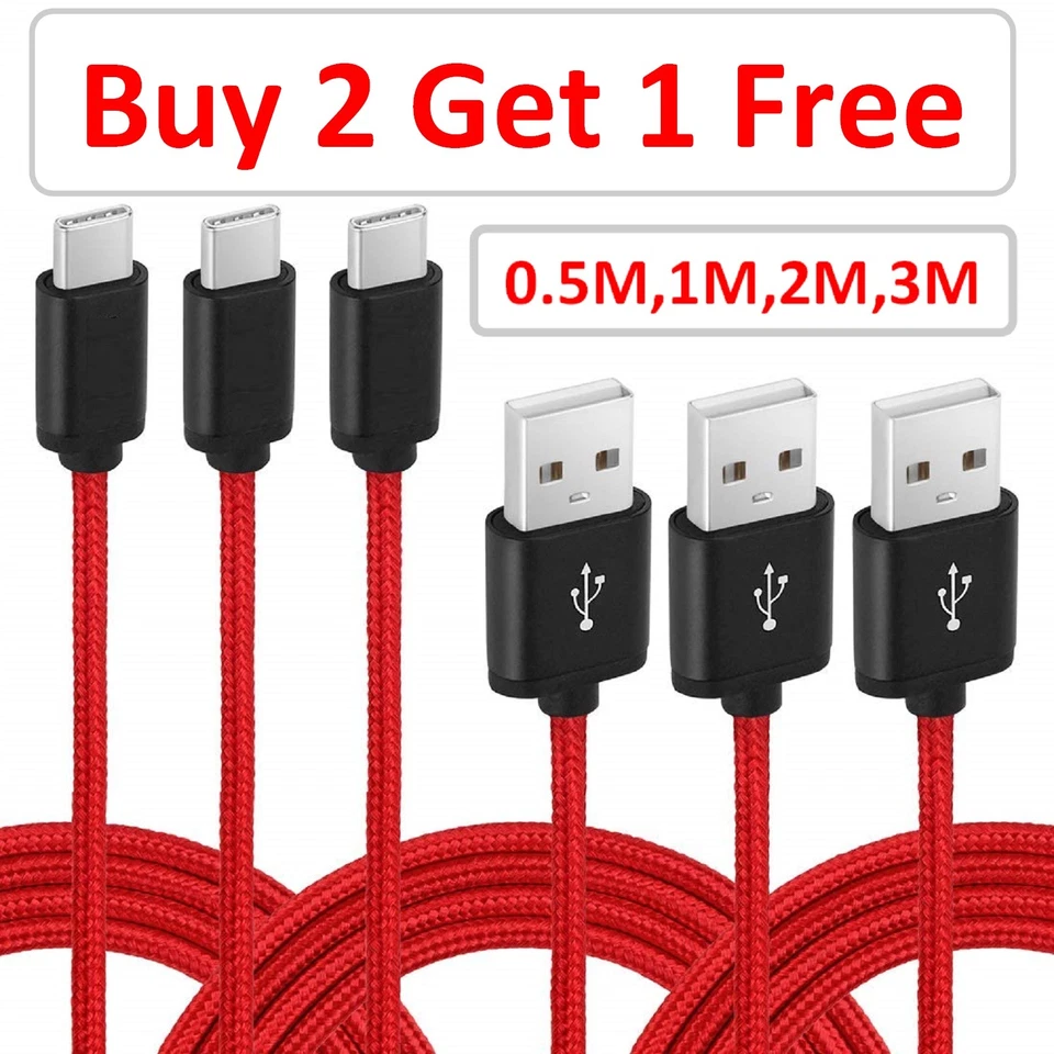 Heavy Duty Braided Type C USB Charger Cable 0.5M 1M 2M 3M Fast Charging RED - Image 1 of 1