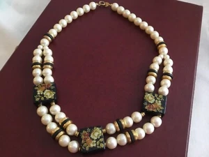 Vintage Lacquer Necklace Floral Black faux pearl Square Beads Japan - Picture 1 of 8