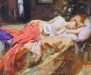 Pino Daeni Tag Traum Damen Hand Verziert Signierte Kunst # D Leinen Italien US - Bild 1 von 12
